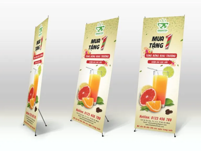 Standee khai trương greentea Banner khai trương giảm giá mua 1 tặng 1