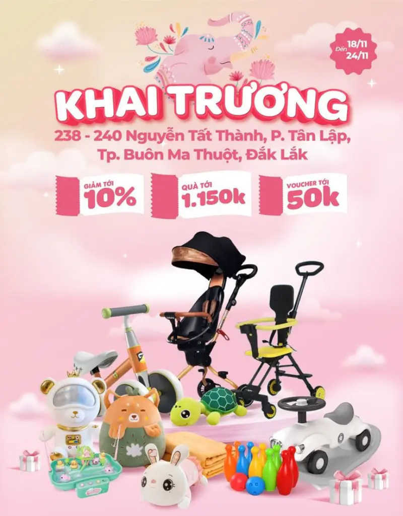 Mẫu banner khai trương với hình ảnh sản phẩm cửa hàng mẫu banner khai chương cửa hàng mẹ và bé