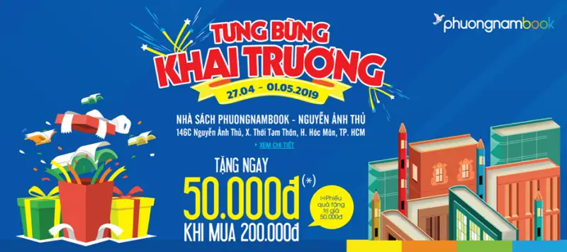 Banner khai trương nhà sách Phuongnambook tặng phiếu quà tặng banner khai trương nhà sách