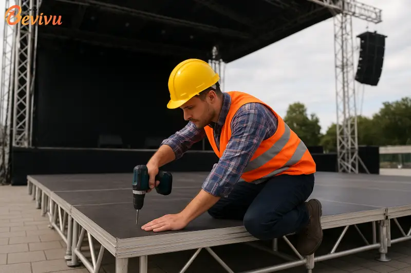 Tiến hành thi công lắp đặt Thi công sân khấu sự kiện